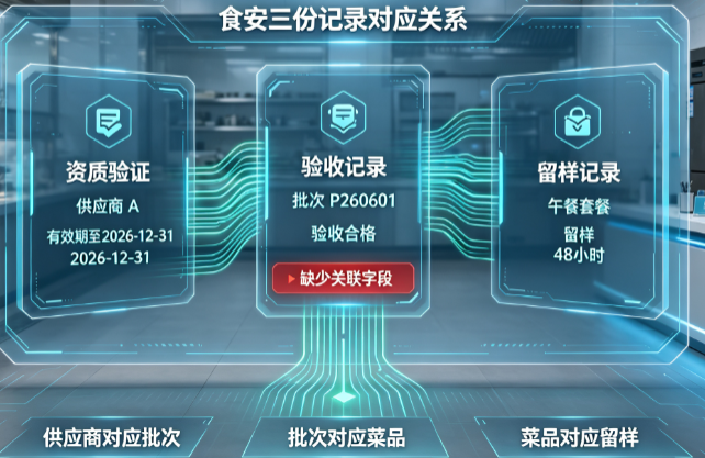 医院食堂食安管理系统:资质、验收和留样的记录对应